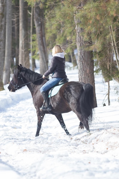 Una foresta d'inverno una giovane donna bionda a cavallo