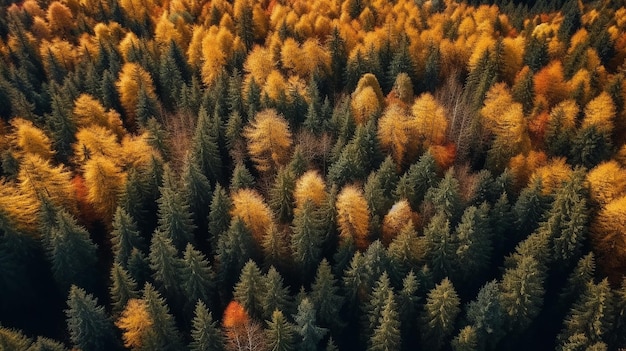 Una foresta di alberi con un albero giallo nel mezzo
