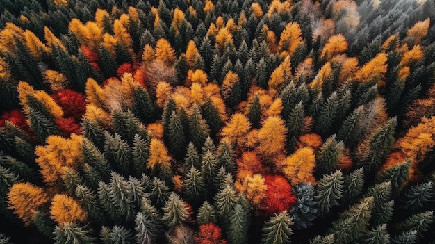 Una foresta di alberi sempreverdi con un albero rosso al centro