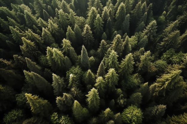 Una foresta di alberi sempreverdi è vista dall'alto