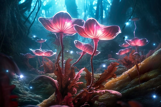 Una foresta di cristallo alieno bioluminescente con fiori piante carnivore bioluminescenti AI Generative