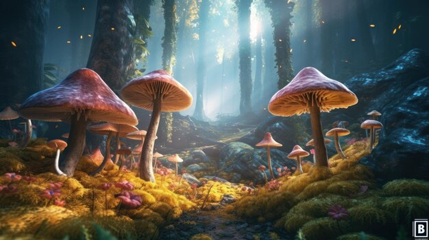 Una foresta di funghi con una luce sullo sfondo