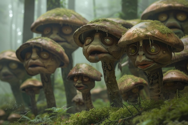Una foresta di funghi giganti con le facce sui gambi