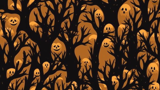 una foresta di Halloween con volti e alberi spaventosi