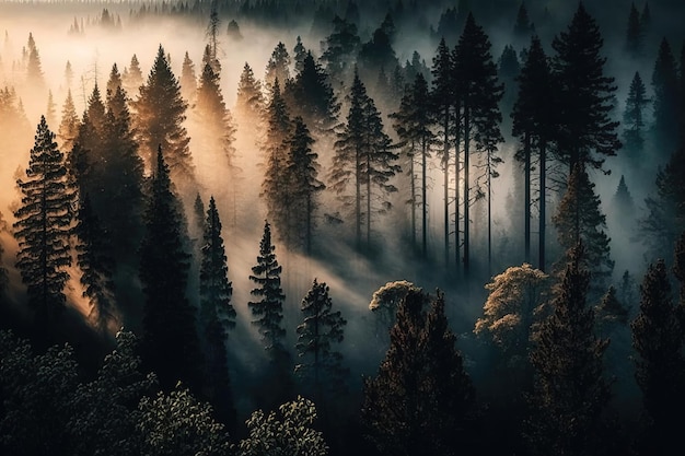 Una foresta dominata da alti e maestosi pini I pini si ergono alti e dritti con i tronchi ricoperti di ruvida corteccia e i rami ornati di aghi IA generativa