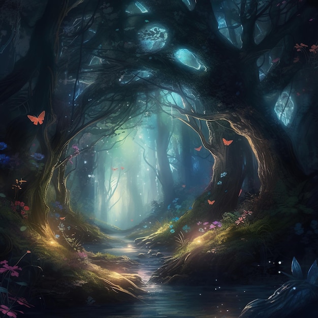 Una foresta fantastica con un sentiero illuminato