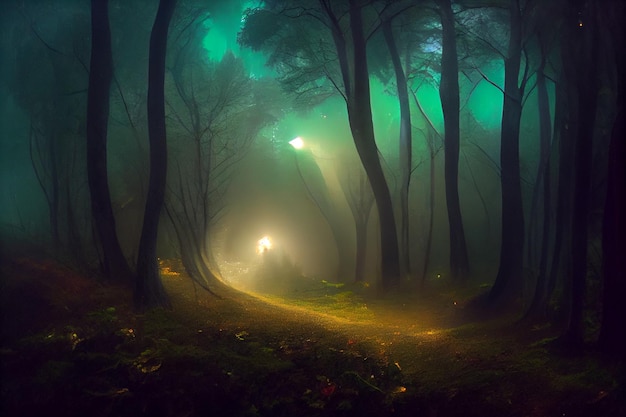 Una foresta illuminata e un sentiero illuminato da due luci.