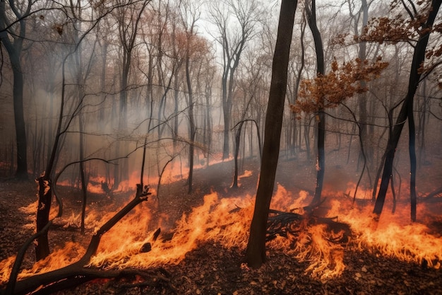 Una foresta in un incendio e un fumo denso Incendio pericoloso in una giungla con fiamma arancione scuro Albero che brucia in un incendio e crea molti fumi Foresta di alberi secchi realistici in fiamme IA generativa