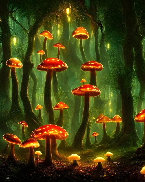 una foresta incantata di notte illuminata da funghi incandescenti fantasia surrealismo illustrazione 3d