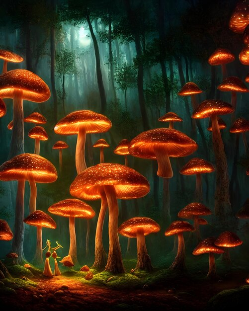 una foresta incantata di notte illuminata da funghi incandescenti fantasia surrealismo illustrazione 3d