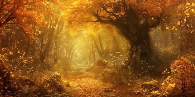 Una foresta incantata in autunno piena di foglie dorate splendide
