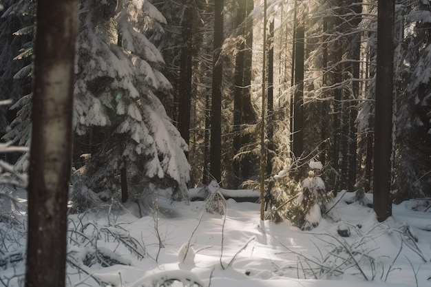 Una foresta innevata con un uomo in camicia bianca e una foresta innevata.