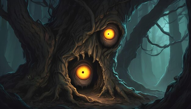 una foresta inquietante con occhi luminosi che sbirciano da dietro tronchi di alberi contorti