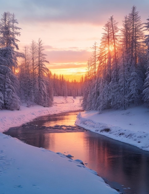 Una foresta invernale con un fiume al tramonto