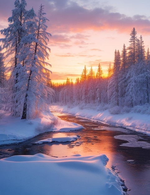 Una foresta invernale con un fiume al tramonto