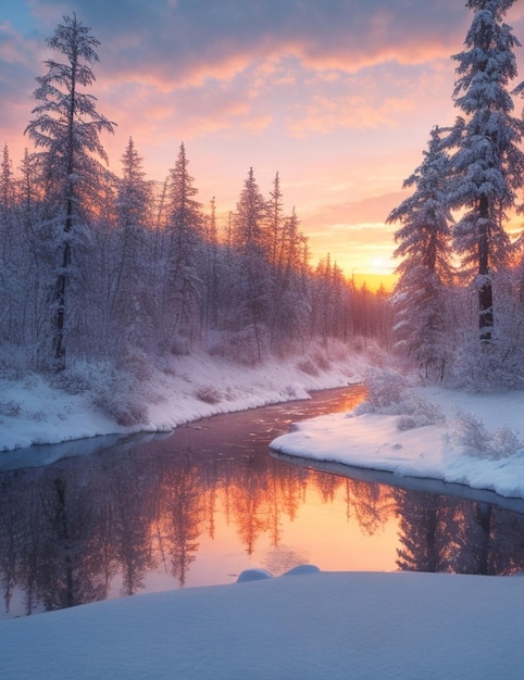 Una foresta invernale con un fiume al tramonto