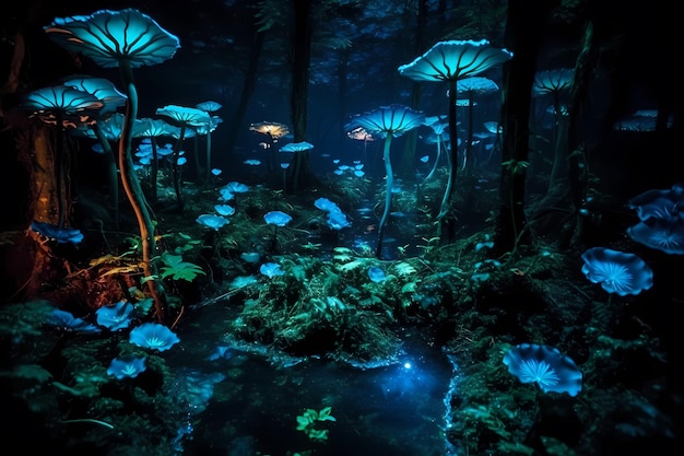 Una foresta magica piena di piante e creature luminose bioluminescenti Concetto di design a livello di gioco Ai generativo