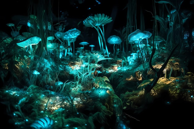 Una foresta magica piena di piante e creature luminose bioluminescenti Concetto di design a livello di gioco Ai generativo