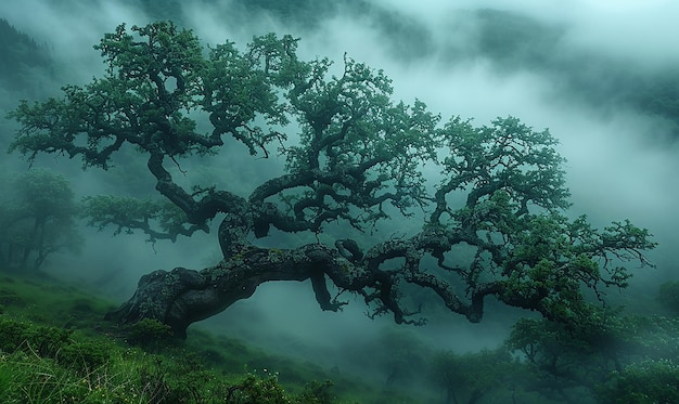 Una foresta misteriosa in una densa nebbia
