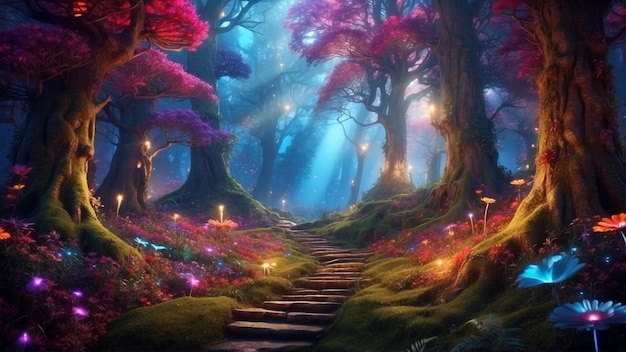 Una foresta mistica e incantevole con colori vivaci