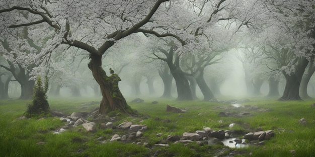 Una foresta nebbiosa con un ruscello e alberi in primo piano.