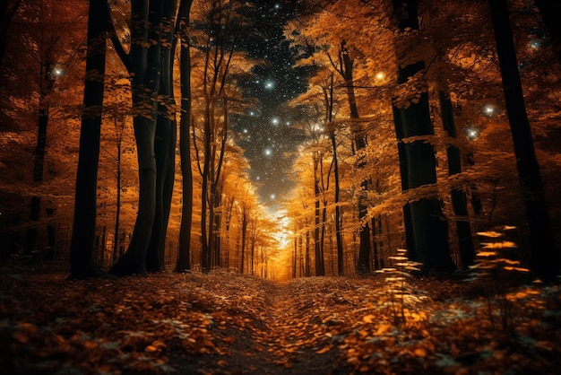 una foresta nei boschi sotto il cielo notturno autunnale
