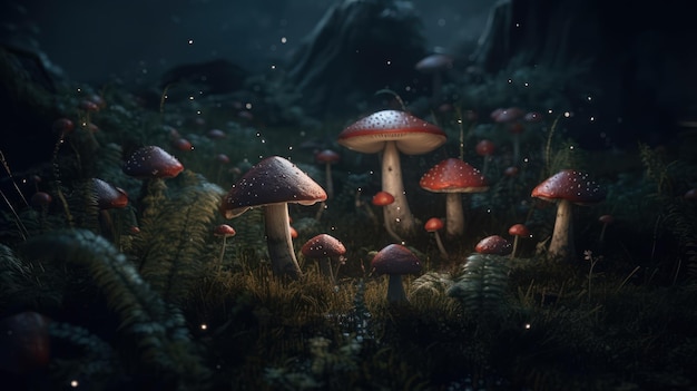 Una foresta oscura con funghi e una luce sullo sfondo
