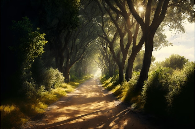 Una foresta oscura con il sole che splende sugli alberi