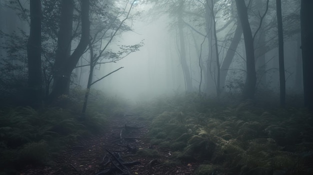 Una foresta oscura con nebbia e alberi