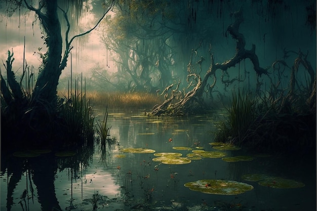 Una foresta oscura con un lago e alberi sullo sfondo.