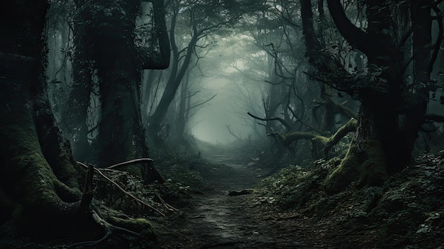 Una foresta oscura con un sentiero che conduce a una foresta oscura.