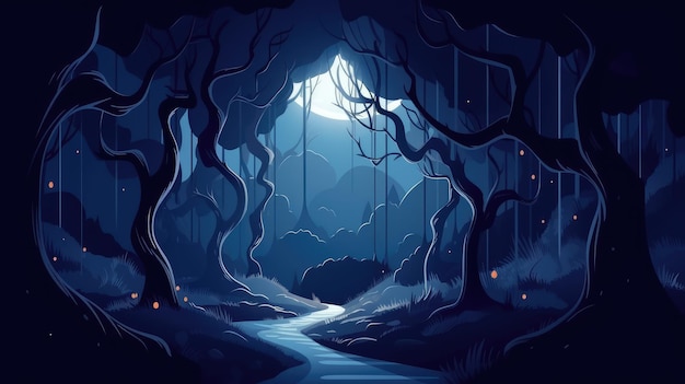 Una foresta oscura con un sentiero che conduce alla luna.