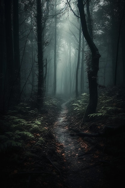 Una foresta oscura con un sentiero che ha sopra la parola foresta.