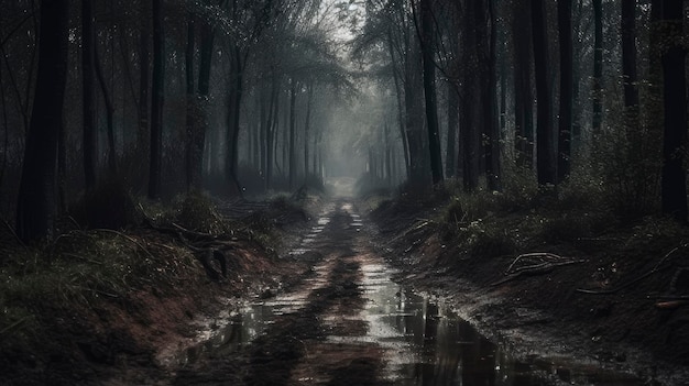 Una foresta oscura con un sentiero