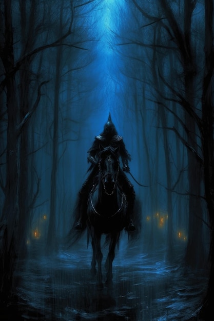 Una foresta oscura con un uomo a cavallo e una luce sullo sfondo.