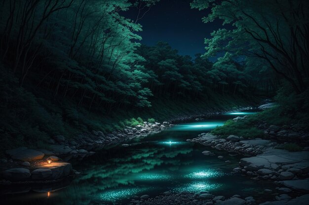 Una foresta oscura con una lanterna accesa in primo piano e un fiume con una luce blu in basso.