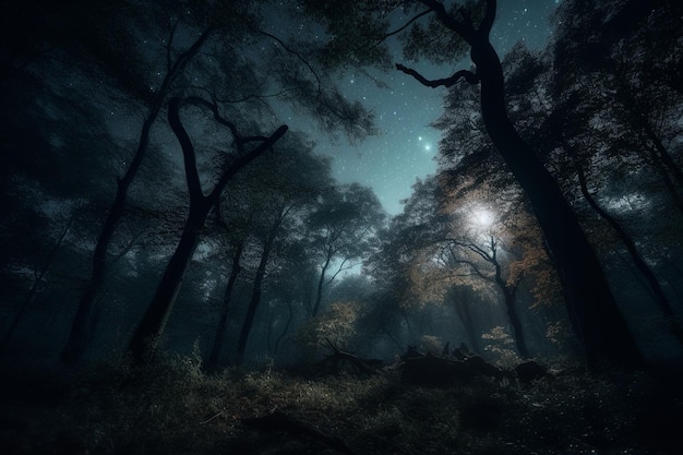 Una foresta oscura con una notte di luna