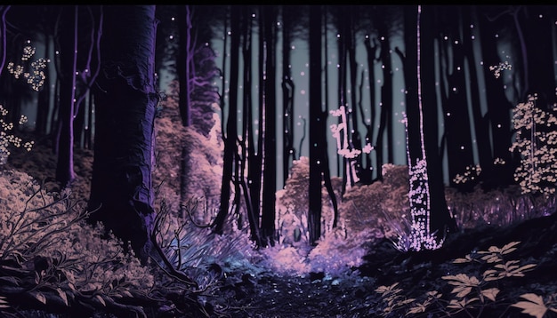 Una foresta oscura con uno sfondo viola e un cartello con su scritto "la parola fuoco".