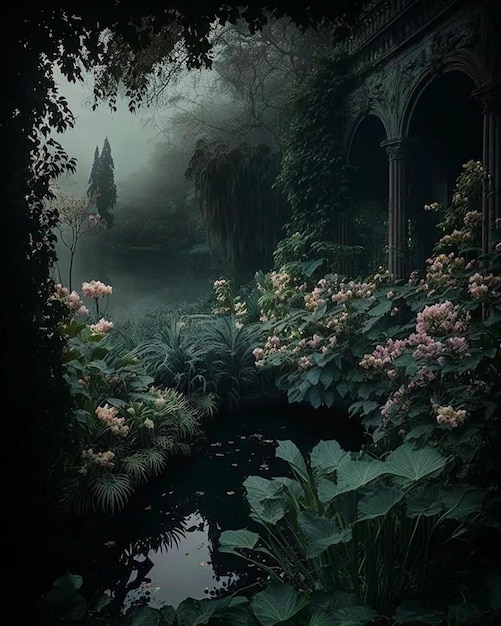 Una foresta oscura con uno stagno e un ponte con un ponte e dei fiori.