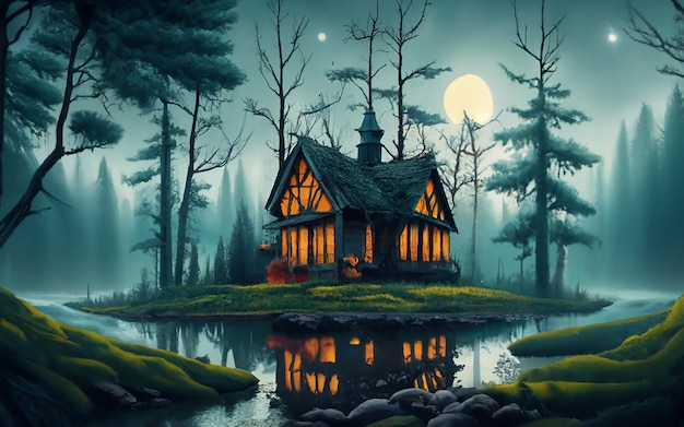 Una foresta oscura e un cielo con la luna piena. Un fiume e una casa delle streghe, una fantasia cinematografica oscura