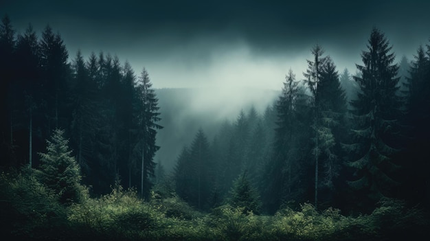 una foresta piena di alberi sotto un cielo nuvoloso