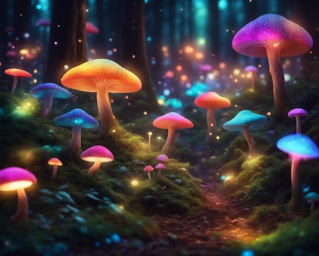 una foresta piena di molte luci di diversi colori foresta magica sfondo fungo natura