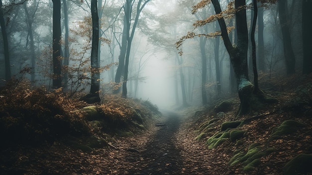 Una foresta piena di molti alberi coperti di nebbia Al generato