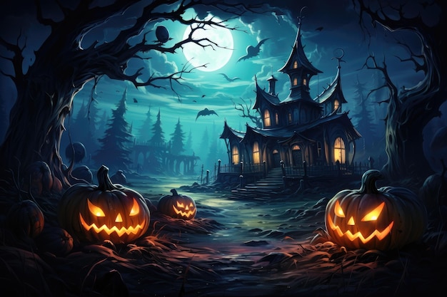 Una foresta spaventosa e spaventosa con una luna di pipistrello zucca in una spaventosa notte di Halloween