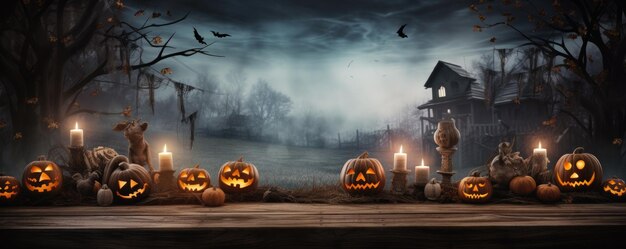 Una foresta spaventosa e spaventosa con una luna di pipistrello zucca in una spaventosa notte di Halloween