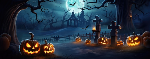 Una foresta spettrale e spaventosa con la luna di un pipistrello zucca in una spaventosa notte di Halloween Ai generativa