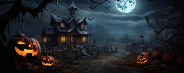 Una foresta spettrale e spaventosa con la luna di un pipistrello zucca in una spaventosa notte di Halloween Ai generativa