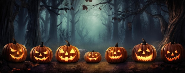 Una foresta spettrale e spaventosa con una zucca sul pannello di legno Notte di Halloween spaventosa Ai generativa