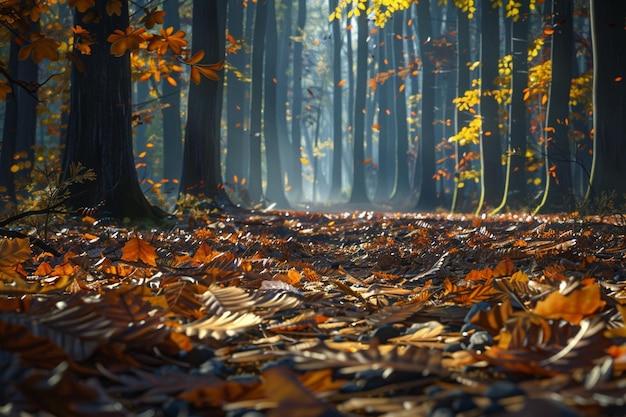 Una foresta tranquilla con un tappeto di foglie cadute