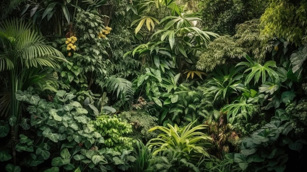 Una foresta tropicale con molte piante e alberi.